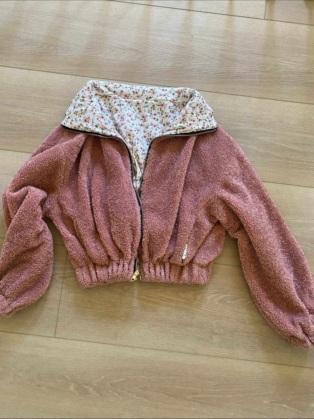Dusty Rose Sherpa Puffer Jacket with Floral Lining